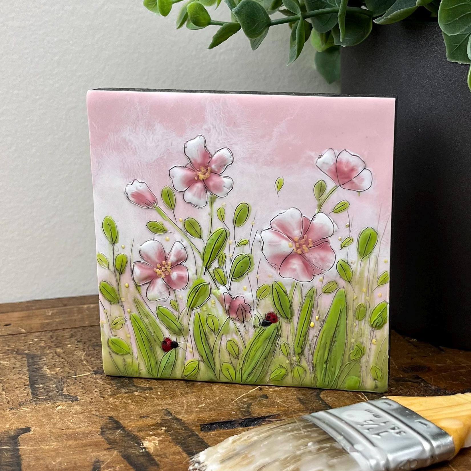 Ladybug Floral Encaustic Painting: Pink Flower Garden Art (4x4)