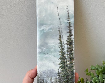 Encaustic landscape trees mountains landscape,10x3 small original encaustic painting by Canadian artist Brenda Walker, unique beeswax gifts