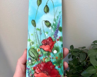 Poppy painting on wood, 10”x3” original encaustic art, poppies art for small spaces, original poppy art, flower art, brendawalkerart,