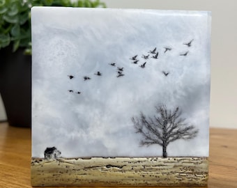 prairie wheat fields trees and birds, Canadian Canada art painting, 16th wax anniversary gift for husband wife, beeswax art, moody sky, mini