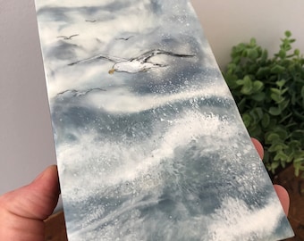 seagulls coastal ocean encaustic beeswax painting art, seagulls waves ocean coastal decor, wax anniversary gift him her