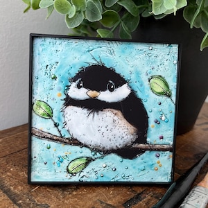 Chickadee Enkaustik Malerei Druck: Gerahmte Vogel Kunst