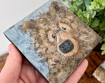 Encaustic Grizzly Bear painting, 4”x4” beeswax art, beary special art gift, Canadian Canada art, handmade mini decor, brown bear country