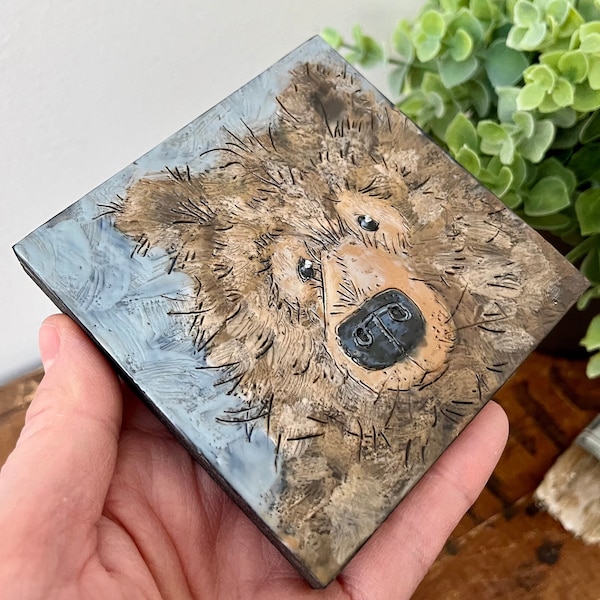 Encaustic Grizzly Bear painting, 4”x4” beeswax art, beary special art gift, Canadian Canada art, handmade mini decor, brown bear country