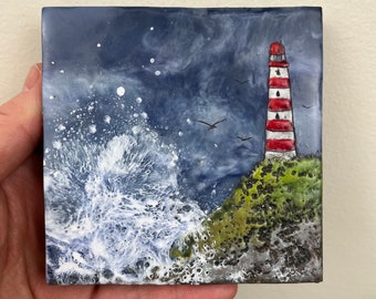 encaustic beeswax coastal ocean lighthouse painting, 4x4 art, small art, birds seagulls coastal, Canadian art, Brenda walker encaustic Art