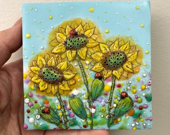 Encaustic original sunflowers and ladybug petite garden art, 4”x4” small decor encaustic painting of lady bugs flowers, rainbow color