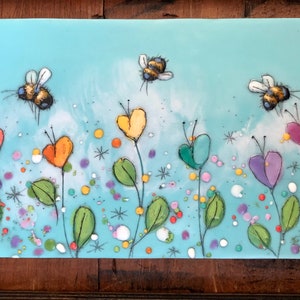 Encaustic beeswax bumblebee painting, rainbow heart flowers, whimsical colourful art of bees and flowers, nursery decor, small spaces