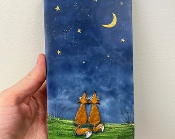 Encaustic beeswax painting of foxes stars and moon, I love you to the Moon and past the stars, couple wedding engagement anniversary love