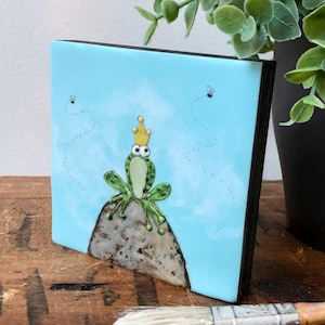 Prince Charming painting, small frog art, 4x4 ready to hang encaustic painting, Canadian original encaustic artwork, kiss a frog, engagement