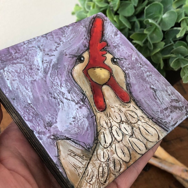 Encaustic Chicken  painting, chicken painting, 4”x4” painting, encaustic art, bird art, mini painting, beeswax painting, beeswax