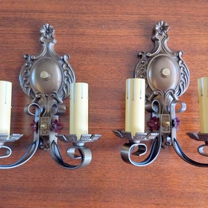 Pair of Antique 2-light Cast Iron Strap Sconces in Antique Brass Finish - Ready to Use!