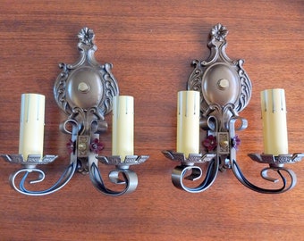 Pair of Antique 2-light Cast Iron Strap Sconces in Antique Brass Finish - Ready to Use!