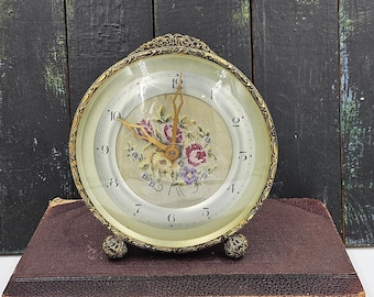 Regent of London petit point floral and gold filigree clock, daily wind-up clock for tableside/bookshelf