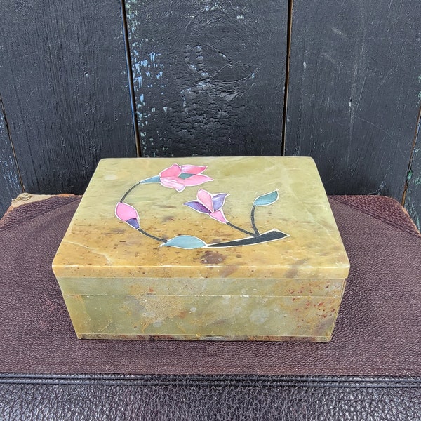 Alabaster stone box with Inlaid Pink Mother of Pearl/Shell flowers, Lidded Trinket Jar, Dresser Box