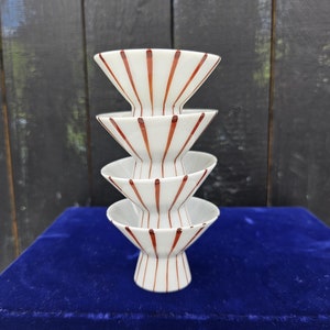 Set of 4 sake porcelain cups, red and white striped decor, Freeman Lederman Co Japan