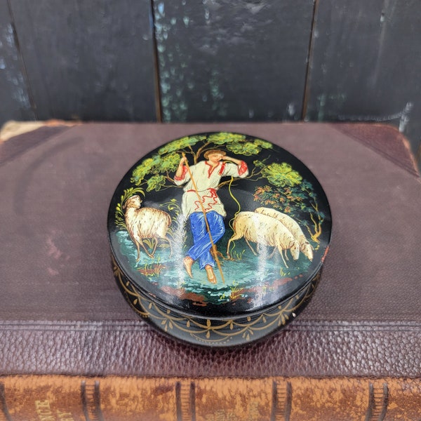 Hand Painted Russian Palekh-Style Lacquer box, Miniature Painting Shepherd and Sheep