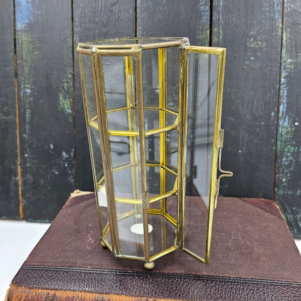 Brass and Glass Display Tower, Mini jewelry storage case, 3-shelf keepsake box on four small bun-shaped feet