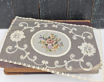 Floral Petit Point Linen Doily: Vintage Lace Dresser Scarf