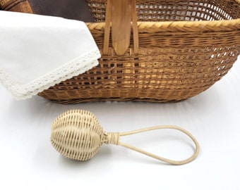 White wicker baby rattle, neutral baby decor, farmhouse baby shower gift