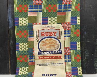 Vintage Ruby Flour Sack: 1940s Christmas Tree Print Fabric