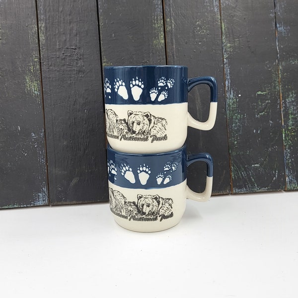 Set of 2 Ceramic Mico Mugs with Yellowstone National Park bears, blue and white Coffee Cups