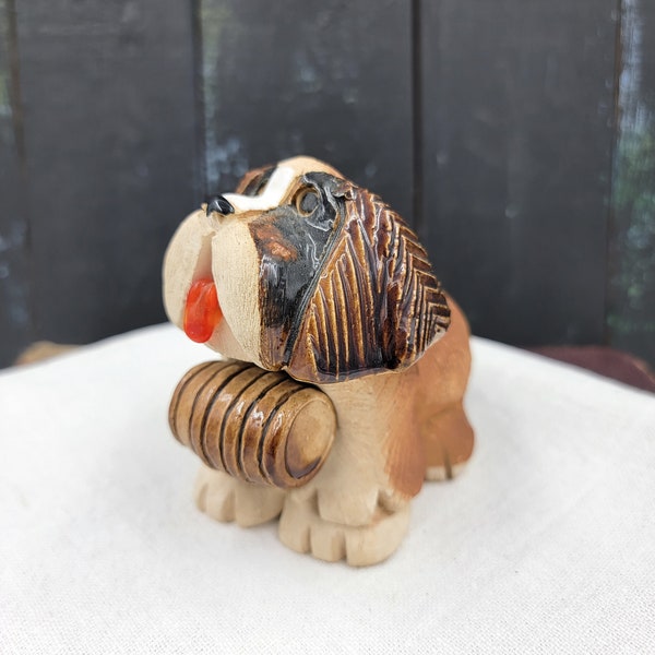 Vintage Artesania Rinconada Uruguay St Bernard pottery figurine, hand carved dog/puppy