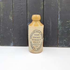 Bourne Denby clay bottle, English advertising ginger beer, Ripley, Surrey, Stansfield Bros, 10 ounces