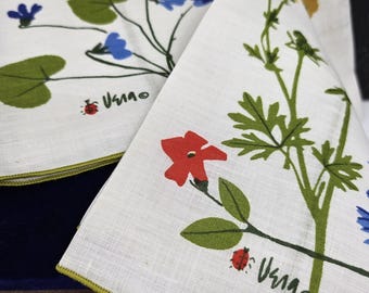 Vera Ladybug Linen Towels: 1960s Floral Design, Set of 2