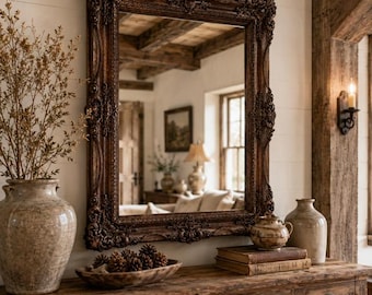 May include: A rectangular wall mirror with a dark brown, ornate, carved wooden frame featuring intricate floral and scrollwork details. The mirror reflects a room interior with a wooden ceiling, a window, and a lamp on a wooden surface.