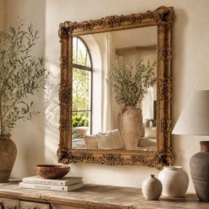 Puede incluir: Un espejo de pared rectangular con un marco dorado antiguo ornamentado con intrincados detalles de volutas y relieves florales. El espejo refleja el interior de una habitación con un gran jarrón de cerámica, cojines blancos y una ventana.