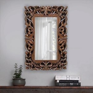 Brown rectangular decorative mirrors, Mid Century Modern mirror for wall décor, Ornate small Wall Mount Mirror, Contemporary carving mirror