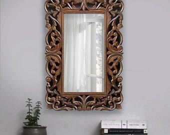 Espejos decorativos rectangulares marrones, espejo moderno de mediados de siglo para decoración de pared, espejo de pared pequeño adornado, espejo tallado contemporáneo