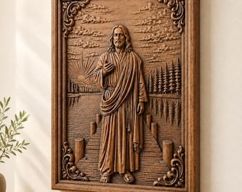 May include: A rectangular wooden wall plaque featuring a relief carving of a figure in robes standing on a wooden dock. The scene includes a sunrise over a lake, a forest of pine trees, and clouds. The frame has decorative scrollwork corners.