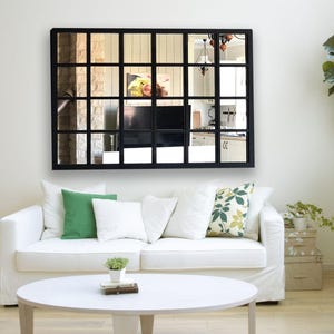Schwarzer Wandspiegel mit Glasscheibe | Redesignierter antiker Barnwood Fensterspiegel | Beunruhigt Holz Fensterscheibe Dekor