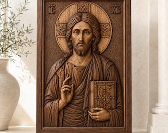 May include: A rectangular wooden wall plaque featuring a detailed relief carving of a bearded figure with long hair, a halo, and robes. The figure holds a book in one hand and raises the other in a gesture. The letters IC and XC are carved above.