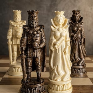 May include: Four chess pieces standing on a board. Two kings and two queens are depicted, with one of each in a dark brown finish and one of each in a cream-colored finish. The figures feature detailed robes, crowns, and hold symbolic items like orbs.