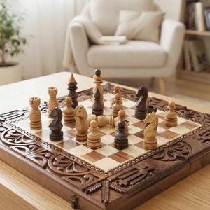 May include: A wooden chess set featuring a square board with a light and dark checkered pattern and intricate carved borders. The set includes light and dark wooden chess pieces, including knights, rooks, and pawns, arranged on the board surface.