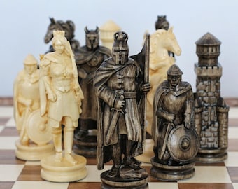Medieval themed chess set pieces, Large wood carving chess pieces with box, Luxury wooden chess pieces and case Hand carved chess set