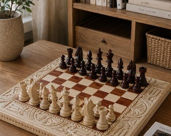 ホワイトメープル材を使用した高級チェスセット（盤付き）、木製チェスゲーム、手作りチェス盤、収納付き高級チェスセット、彫刻入りチェス盤