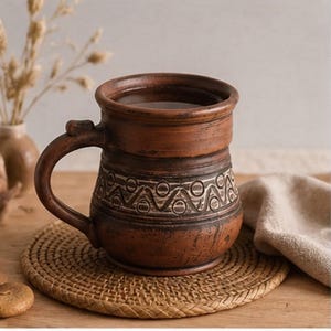 May include: A brown clay mug with a wide rim and a curved handle. The body of the mug features a horizontal band with a repeating pattern of incised circles and wavy lines. The surface has a textured, earthy appearance with variations in color.