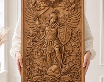 May include: A rectangular wooden wall plaque featuring a detailed relief carving of an armored figure with large wings holding a sword and shield, standing over a horned creature. The design includes ornate scrollwork and two small cherubs above.
