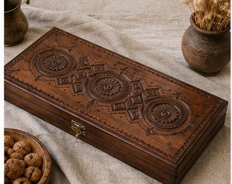 Decorative backgammon set, Customized Backgammon carved of natural walnut, Backgammon board with storage, Carving backgammon