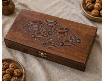 Backgammon board with storage, Customized Backgammon made of natural walnut, Hand carved decorative backgammon set, Backgammon lover gift