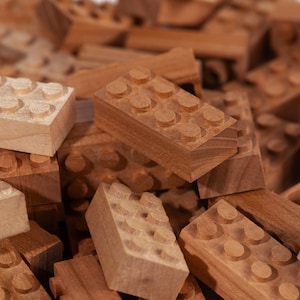 May include: A collection of rectangular wooden building blocks featuring circular studs on the top surface. The blocks vary in wood grain patterns and shades, ranging from light beige to deep brown, and are arranged in a scattered pile.