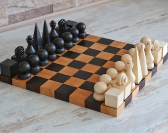 Handmade wooden chess pieces set, Bauhaus chess pieces, Chess Set Pieces Hand carved chess pieces set