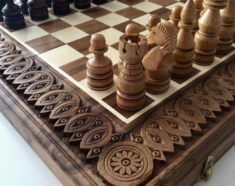 Large chess set wood, Hand carved chess table board set with storage, Chess lover gift, Luxury chessboards, Wooden chess board set