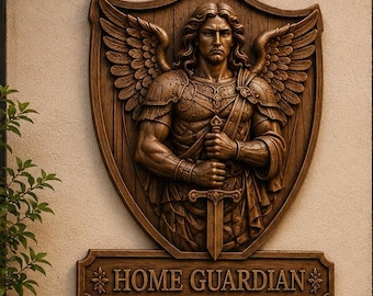 May include: A brown wooden wall plaque shaped like a shield featuring a carved winged figure in armor holding a sword. Below the shield is a rectangular sign with the text HOME GUARDIAN flanked by two small star-like floral carvings on each side.
