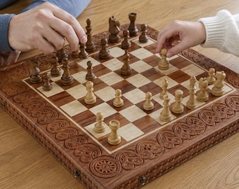 Handgesneden schaaktafelbordset met opberger, cadeau schaakliefhebber, luxe schaakborden, groot houten schaakbord, houten schaakbordset