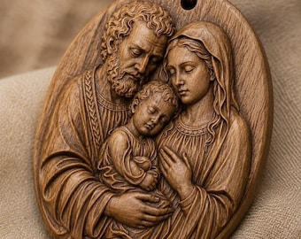May include: An oval-shaped wooden pendant featuring a detailed relief carving of the Holy Family. The carving depicts a bearded man and a woman with a head covering, both embracing a small child positioned between them. A brown cord is attached at the top.