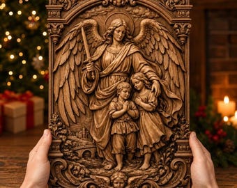 May include: A rectangular wooden wall plaque featuring a high-relief carving of a winged guardian angel holding a sword, standing protectively over two children. The ornate frame includes decorative scrollwork and a small cherub at the base.